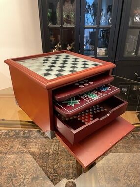 Classic 10 Game Set - Red Wooden Board Game Chest With Lazy Susan
